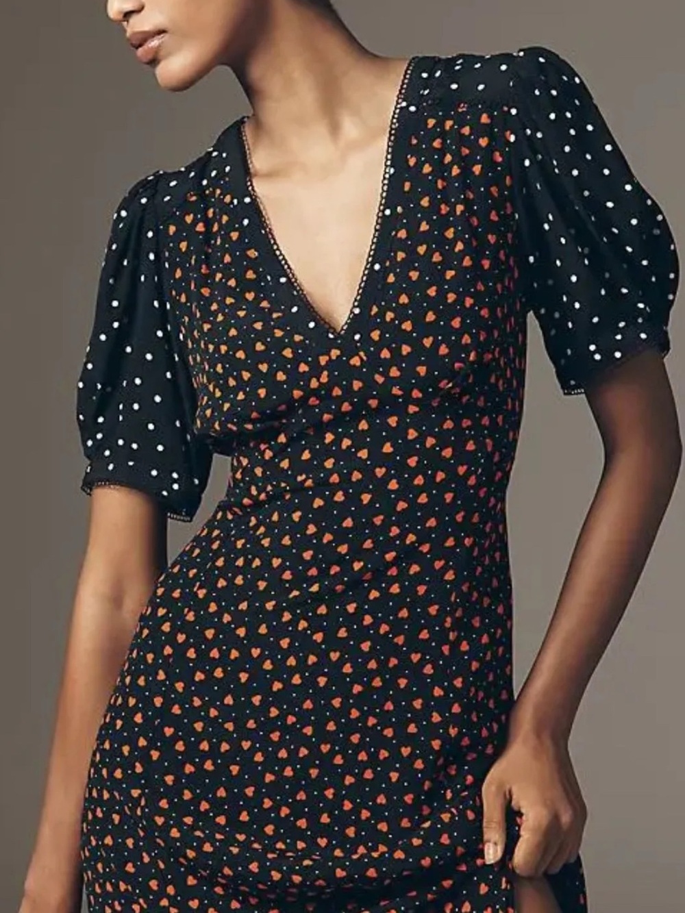 MEDIUM NWOT Anthropologie MAEVE Black Maxi Dress Heart Print White Polka-Sleeves